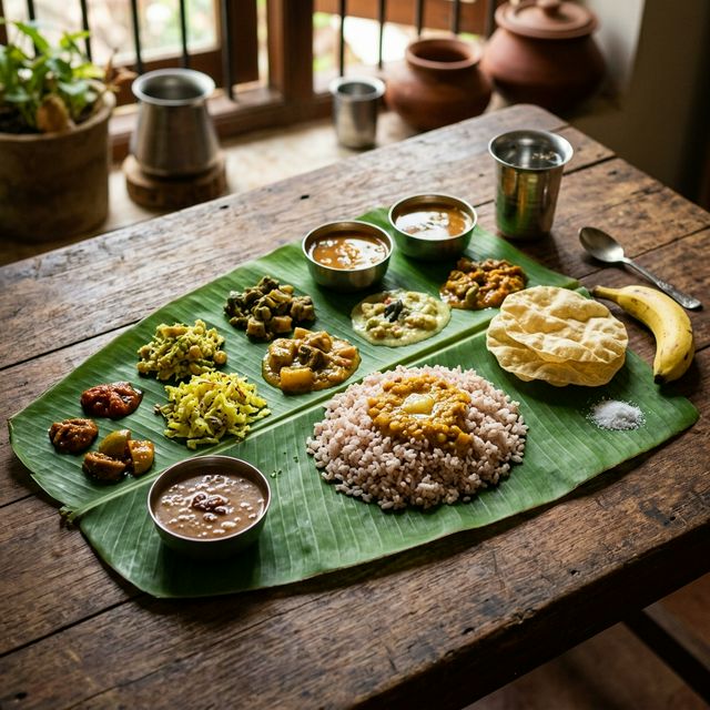 An Onam sadhya served on a banana leaf